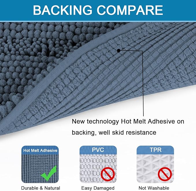 H.VERSAILTEX Bath Rugs for Bathroom Non Slip Bath Mats Thick Chenille Striped Bath Rug Runners 47" x 17" Absorbent Fluffy Soft Shaggy Mats Dry Fast Plush Area Carpet for Bath Room - Blue Indigo