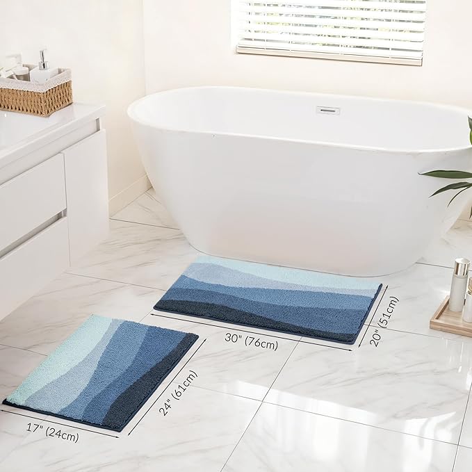 Exclusivo Mezcla Bathroom Rugs Mat 20x30, Extra Soft Non Slip Absorbent Water Microfiber Bath Rugs, Machine Washable Quick Dry Bath Mats for Bathroom Floor, Shower, Home Decor, Waved Blue
