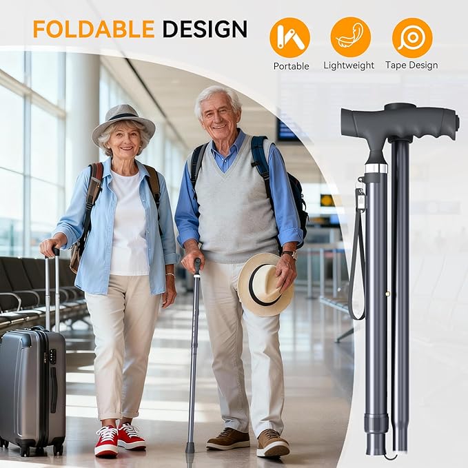 Walking Cane with LED Light for Seniors Men Women, Adjustable Folding Canes for Elderly, Ergonomic Handle & All Terrain Shock Absorbing Base, Walking Sticks for Indoor Outdoor Travel Hiking Support