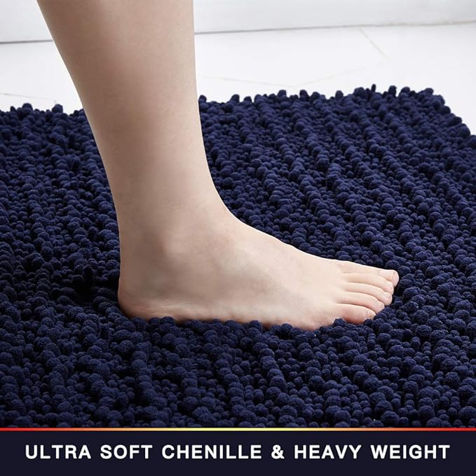 Walensee Bathroom Rug Non Slip Bath Mat (32x20 Inch Navy) Water Absorbent Super Soft Shaggy Chenille Machine Washable Dry Extra Thick Perfect Absorbant Best Large Plush Carpet for Shower Floor