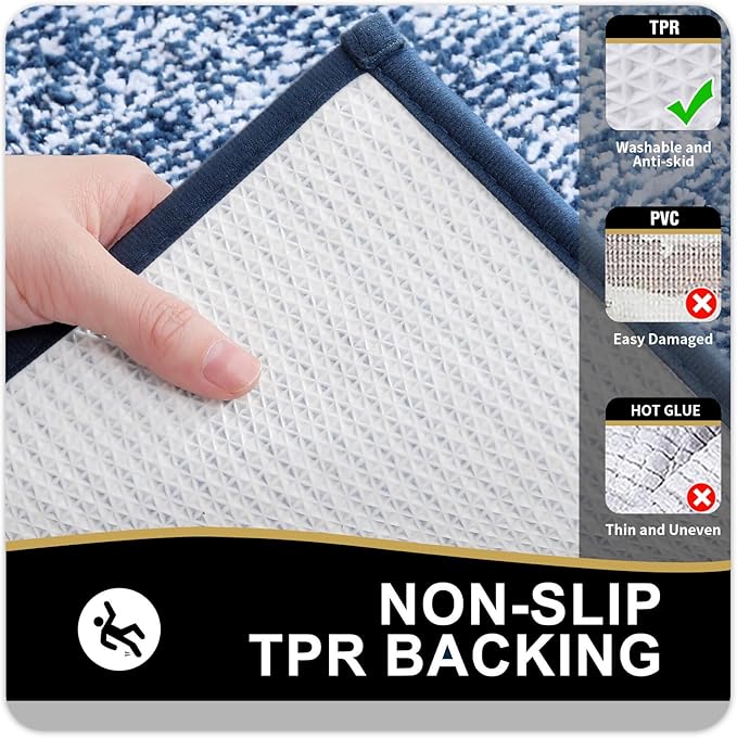 OLANLY Toilet Rugs U-Shaped 24x20, Extra Soft and Absorbent Microfiber Bathroom Rugs, Non-Slip, Machine Wash Dry, Plush Shaggy Contour Bath Mats for Toilet Base (Navy and White)