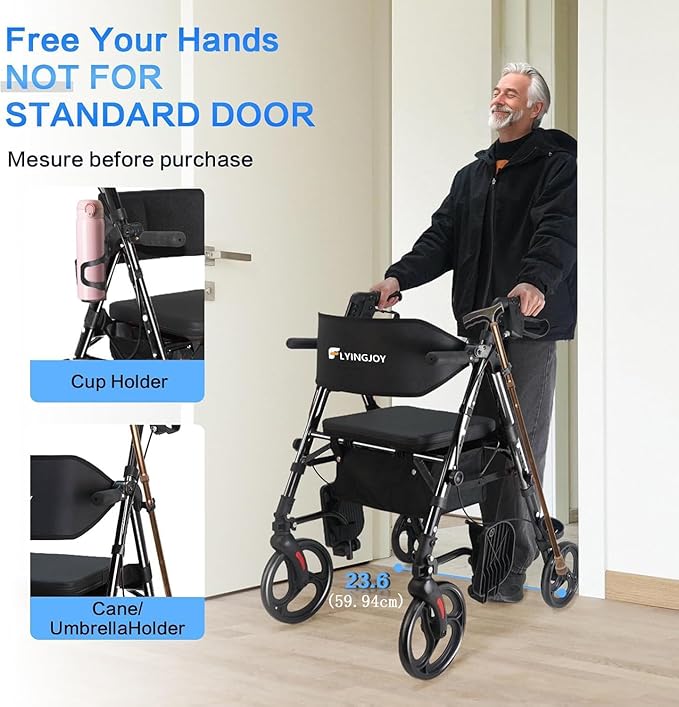Foldable Rollator Walker with Seat for Seniors & Adults Lightweight 2-in-1 Walker and Wheelchair Combo Adjustable Handle Height and Seat Transport Chair with Brakes 300 lbs Weight Capacity