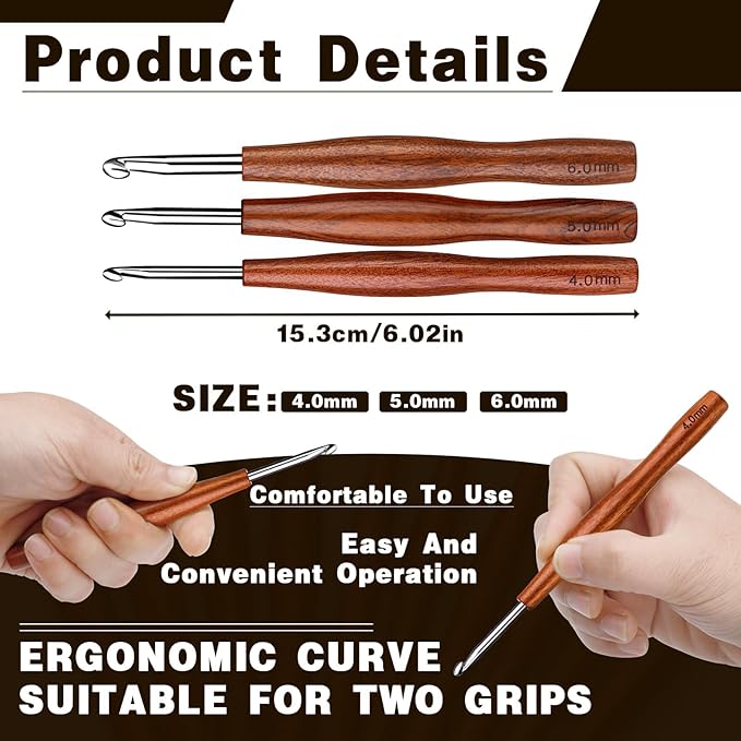 Nitlak 3 Pcs Crochet Hook, 3 Size Aluminum Ergonomic Crochet Hook with Wooden Handle for Arthritic Hands, Beginners, Crochet Needles for Knitting (4mm/5mm/6mm)