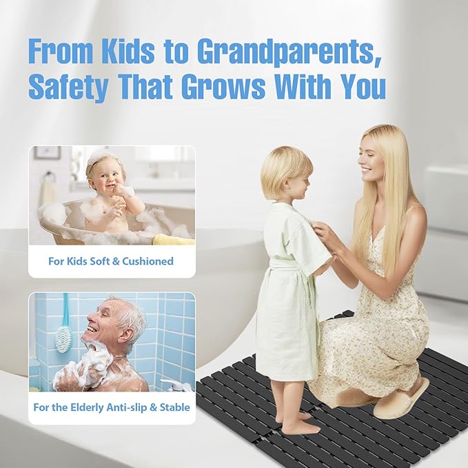 Shower Mat Non-Slip Bath Mat for Tub and Shower Stall,200+ Suction Cups with Drain Holes, Quick Dry Machine Washable, Extra Grip for Elderly and Baby, Bathroom Essentials 24x24 Inch(Black)