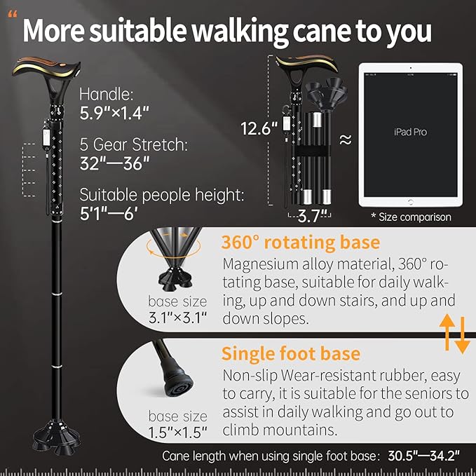 Folding Cane, Smart Alarm Foldable Cane with Light, Fashion Walking Cane for Women&Men, Adjustable Canes for Seniors, USB Direct Charging, Lightweight and Portable