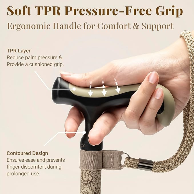 Merry Sticks Lightweight Foldable Walking Canes for Women and Men, Adjustable & Collapsible Walking Stick for Seniors, Non-Slip Ergonomic Handle with 1 Extra Replacement Cane Tip – Champagne Gold