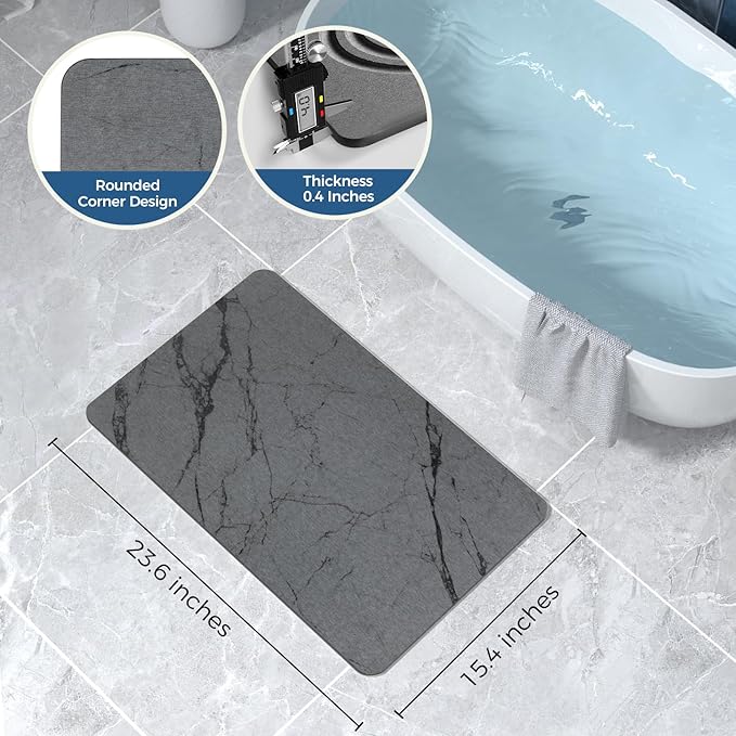Stone Bath Mat Quick Dry Bath Stone Mat for Bathroom Floor Diatomaceous Earth Diatomite -Super Absorbent,Natural, Easy to Clean Grey