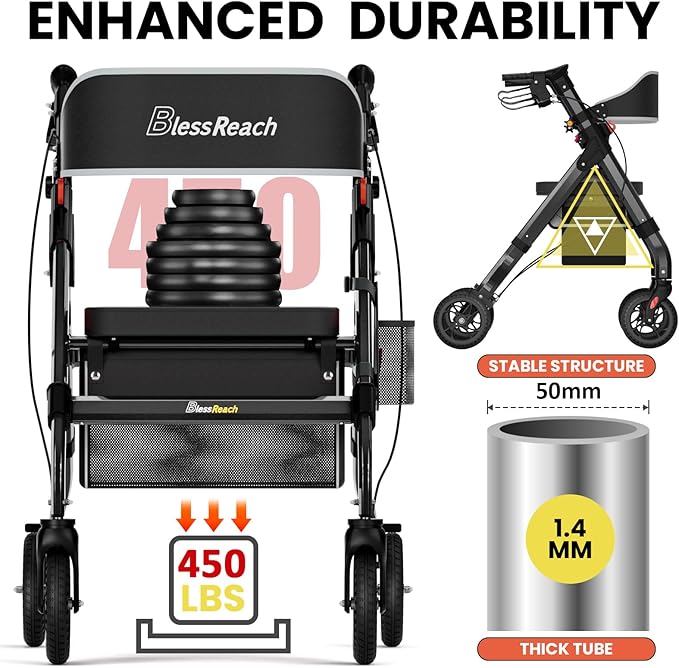 Foldable Rollator Walkers with Seat for Seniors, 450 lb Capacity, 8'' Wheels, 18" Big Seat, 6-Position Height, Heavy-Duty Aluminum Rolling Walker (Black)