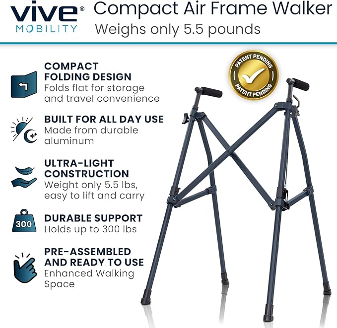 Vive Lightweight Folding Walker for Seniors - Narrow Foldable Rolling Walker for Small Spaces- Compact & Collapsible for Travel - with Wheels, Mobility Support, Portable- Weighs Only 5.5 Pounds