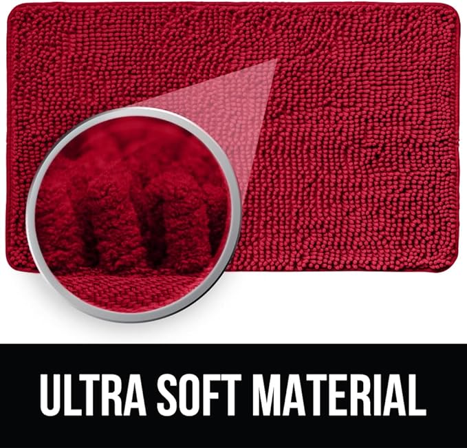 KANGAROO Bathroom Rugs, Chenille Soft Absorbent Bath Rug, Shaggy Shower Mat, Quick Dry Machine Wash Bathmat, Plush Carpet Mats for Tub, Bathtub and Room Home Decor Accessories, 24x17, Red