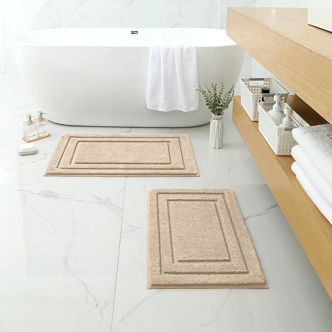 HOMEIDEAS Bathroom Rugs Sets 2 Piece, Super Soft and Absorbent Non Slip Microfiber Machine Washable Bath Mat Set (20" x 32" + 16" x 24", Beige)