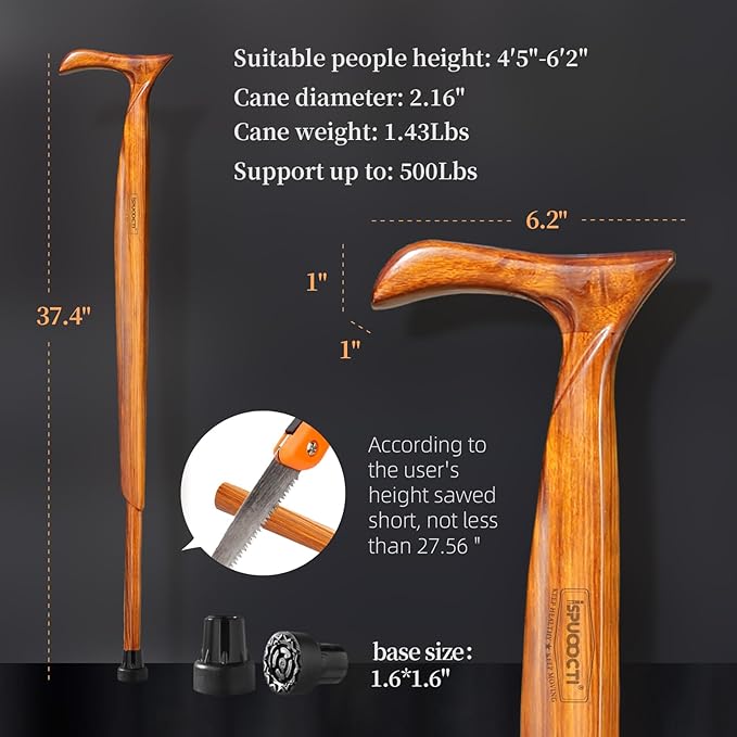 Wooden Walking Cane for Men and Women -Natural Solid Wood, 3 Rubber Tips, Heavy Duty, with Travel Bag- Wooden Walking Stick, Ergonomic Canes for Seniors Unisex Walking Canes