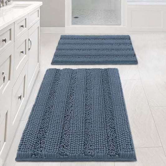 H.VERSAILTEX Bathroom Rug Sets 2 Piece Bath Mats Non Slip Thick Soft Chenille Striped Bath Rug achine Washable Shower Floor Rugs for Tub, Shower and Floor (Blue Indigo, 20" x 32"/17" x 24")