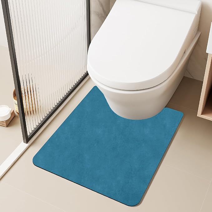 Toilet Rug, Thin Toilet Rugs U Shaped Washable Non Slip Absorbent Quick Dry Low Pile Toilet Mat, 20"x24" U Shape Denim Blue