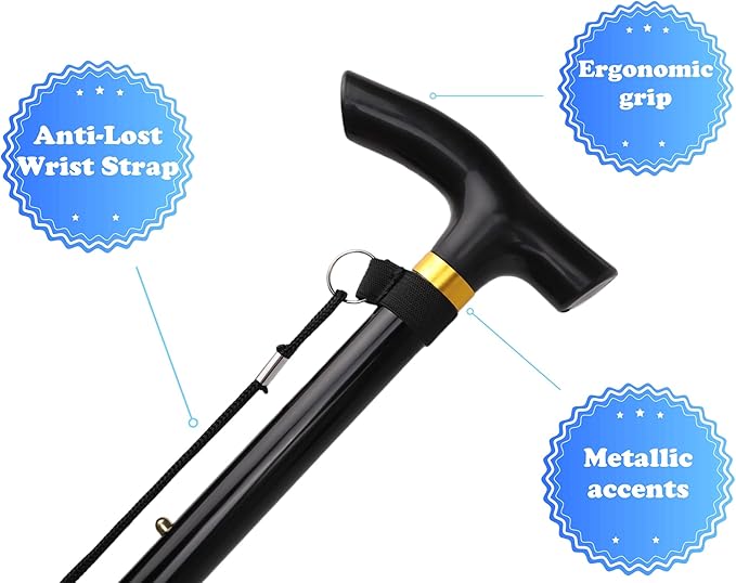Folding Lightweight Walking Stick - Adjustable Aluminum Metal Collapsible Travel Cane with Non-Slip Rubber Base