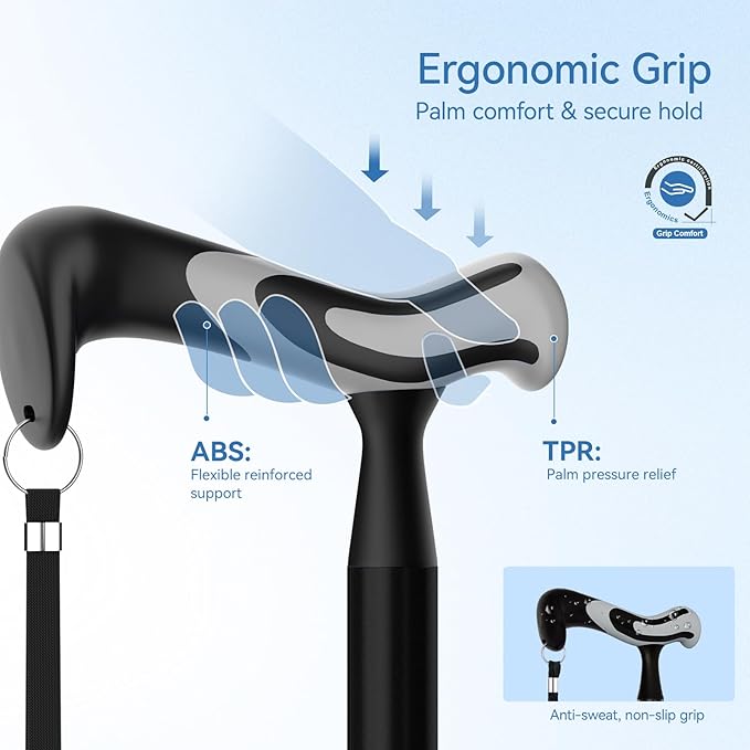 KingPavonini Walking Cane for Women/Men with Second Handle, Foldable & Adjustable Quad Cane with 4-Pronged Base for Standing, Lightweight Walking Aid for Seniors & Adults