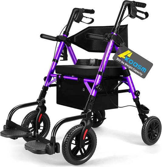 Foldable Rollator Walker for Seniors with Seat, Lightweight 2 in 1 Rolling Walkers Wheelchair Combo for Adult, Transport Chair with Brakes, Adjustable Seat and Handle, 300 Lb. Weight Capacity, Purple