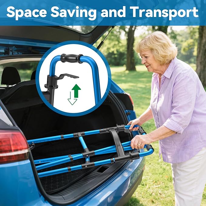 Folding Walker with 2 Skis and 5" Wheels, Lightweight Walkers for Seniors and Adults, Supports Up to 350 Pounds, Adjustable Height, Compact Standard Walker, Blue