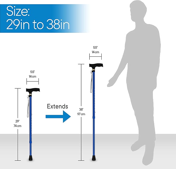 RMS Walking Cane - Adjustable Walking Stick - Lightweight Aluminum Offset Cane with Ergonomic Handle and Wrist Strap - Ideal Daily Living Aid for Limited Mobility