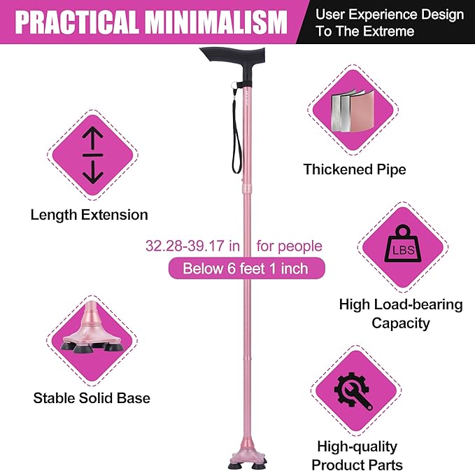 Walking Canes for Women Fashionable with Extended and Thickened Handle. Foldable; Adjustable; Collapsible; Quad Cane for Men for Stability Balance (Basic & Pink)