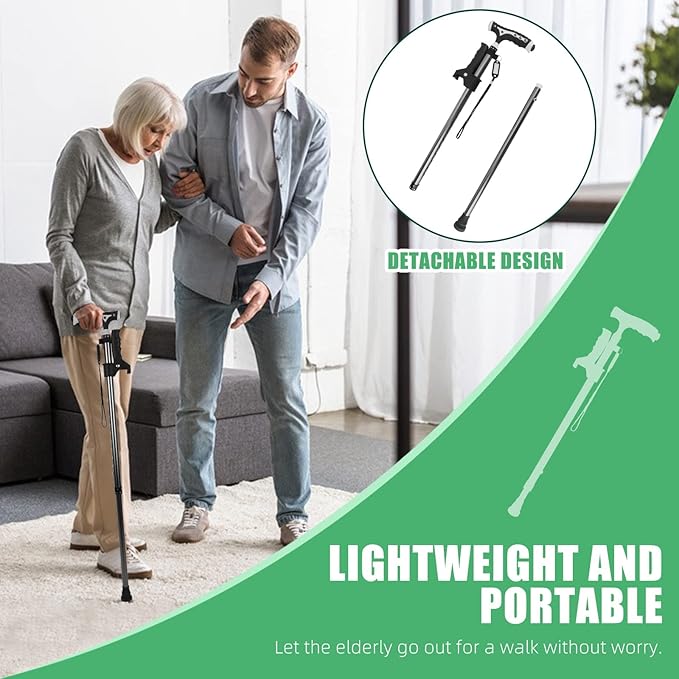 Hold 440 Lbs Walking Cane for Men & Women Aluminum Alloy Lightweight Height Adjustable Walking Stick Heavy Duty Foldbale Free Standing Cane with LED for Seniors Adults