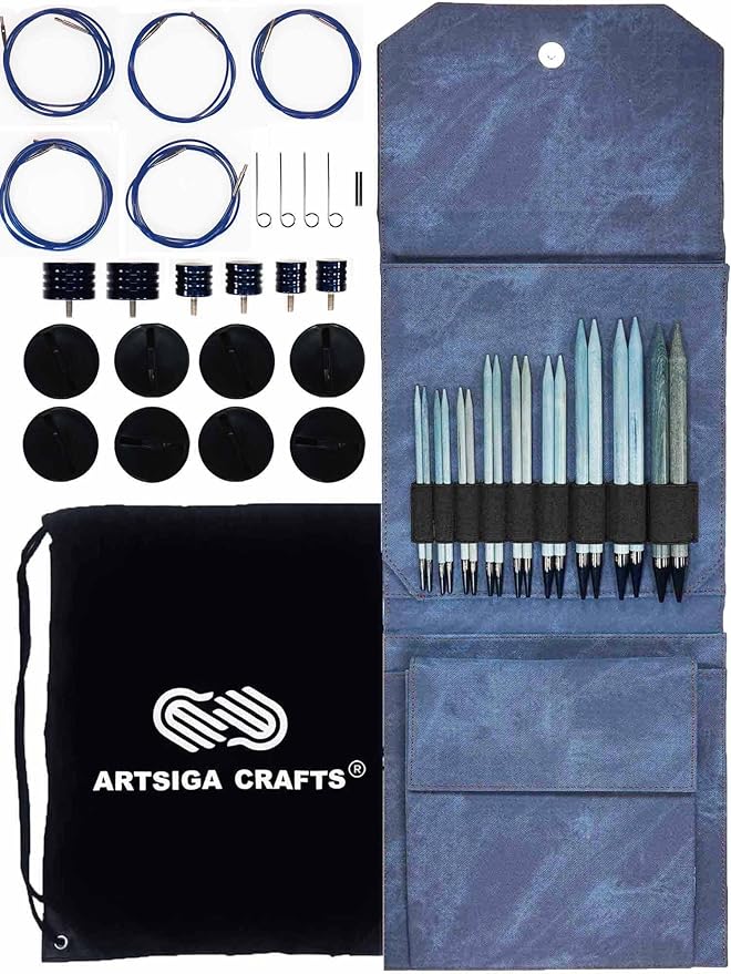 Lykke Indigo 5.5, 6.5 & 7.5 Inch Long Interchangeable Knitting Needles Birch Wood US Sizes US Sizes 7, 8, 9, 10, 10.5, 11, 13, 15, 17 with 5 Cords, connectors, Keys, Azure Denim Case, Project Bag