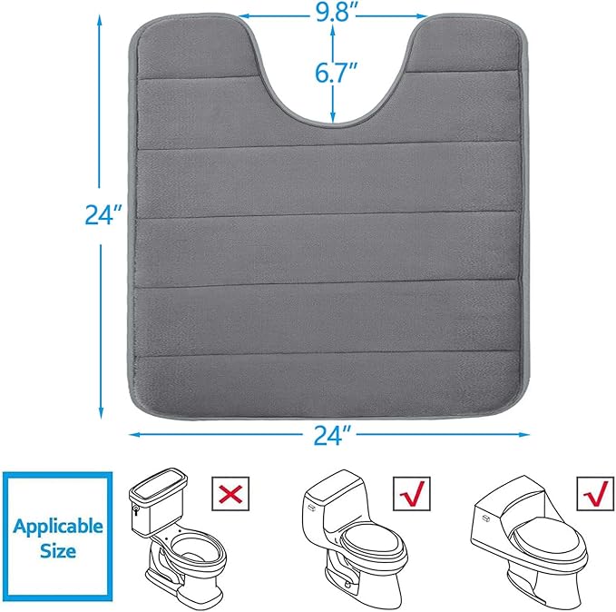 Buganda Memory Foam U-Shaped Contour Toilet Rugs, Non Slip Absorbent, Thick Soft Washable Bathroom Mat, Floor Carpet Bath Rugs Mat for Toilet Base (24" x 24", Grey)