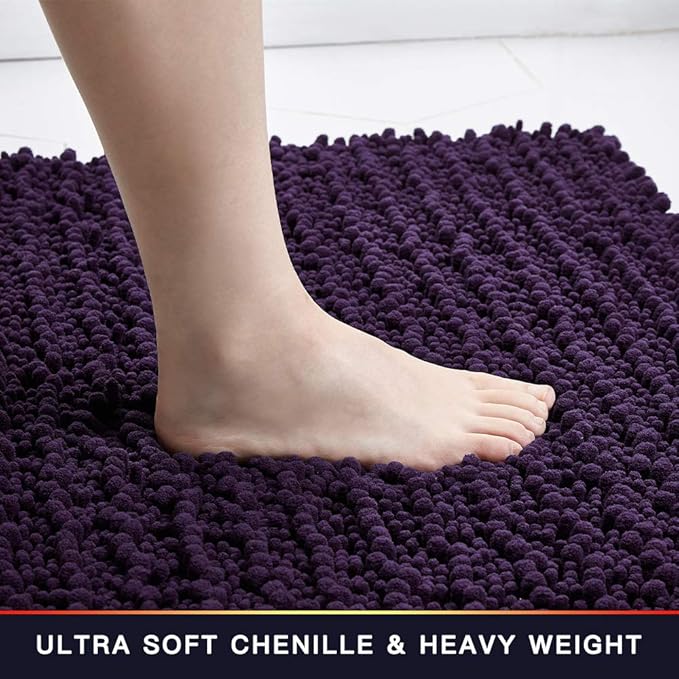 Walensee Large Bathroom Rug Non Slip Bath Mat (72x24 Inch Dark Purple) Water Absorbent Super Soft Shaggy Chenille Machine Washable Dry Extra Thick Perfect Absorbant Best Plush Carpet for Shower Floor