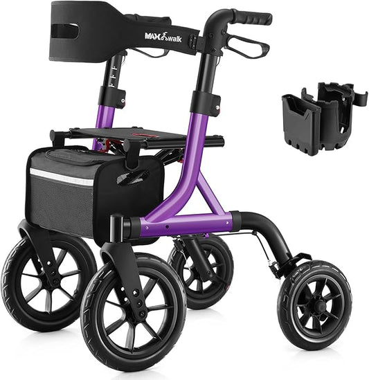 Walkers for Seniors, Rollator Walker with Seat, 12" Big Rubber Wheels All Terrain Rollator Walker with Backrest, Built-in Cable, Cup Holder, Foldable and Height Adjustment for Seniors, Purple