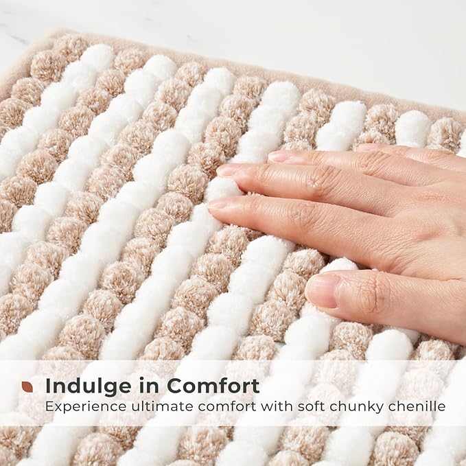 FRESHMINT Chunky Ombre Chenille Bathroom Rug 20"x32", Water Absorbent Soft Bath Rugs for Bathroom Floor, Thick Non Slip Bath Mat Washable Quick Dry Shower Mats, Beige and White