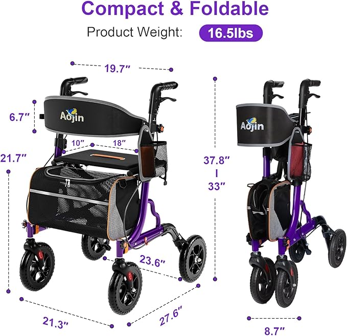 Rollator Walker for Seniors with Seat, Lightweight & Foldable, 8" All-Terrain Wheels, 18" Big Seat, 6-Level Adjustable Height Rolling Walker, 350 lb Capacity, Purple