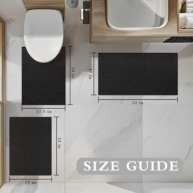 YIHOUSE Black Bathroom Rug Set, 3 Piece, Non Slip, Quick Dry, Thin Bath Mat for Bathroom and Kitchen