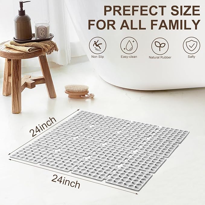 Shower Mat Non Slip，24"X24" Bathtub Mat Non Slip Square Shower Mats for Inside Shower with Drain Holes Suction Cups, Quick Drain, TPE Shower Floor Mat for Elderly & Kids (Light Gray)