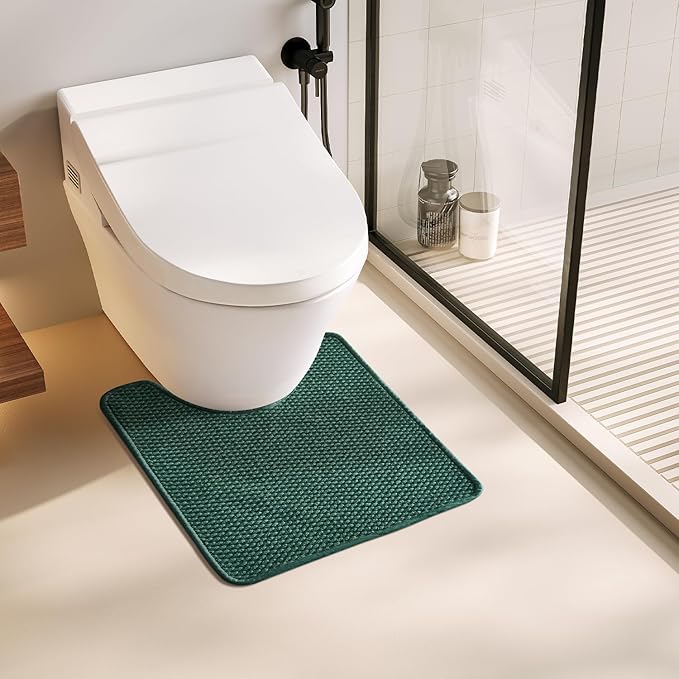 Toilet Rug, Thin Toilet Rugs U Shaped Washable Non Slip Absorbent Quick Dry Low Pile Toilet Mat, Dark Green 20"x24" U Shape