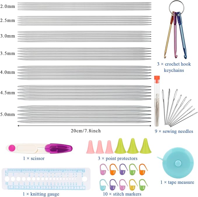 Coopay Double Pointed Knitting Needles Set 7.9", 35 PCS Stainless Steel Straight Knitting Needles 2.0mm-5.0mm, Double Ended Sweater Knitting Set Knitting Needle Kit with Knitting & Crochet Supplies