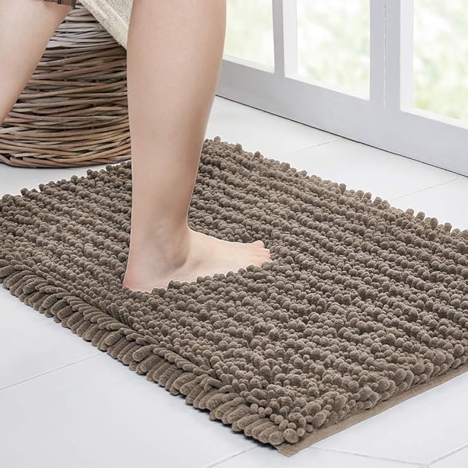 Walensee Bathroom Rug Non Slip Bath Mat (44x24 Inch Taupe) Water Absorbent Super Soft Shaggy Chenille Machine Washable Dry Extra Thick Perfect Absorbant Best Large Plush Carpet for Shower Floor