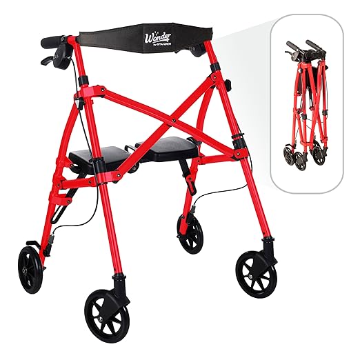 Stander Space Saver Rollator Short, Lightweight Folding Walker with Seat for Juniors & Petite Adults, 4-Wheel Mobility Aid with 6-inch Wheels, Locking Brakes, Padded Seat & Backrest, Sport Red