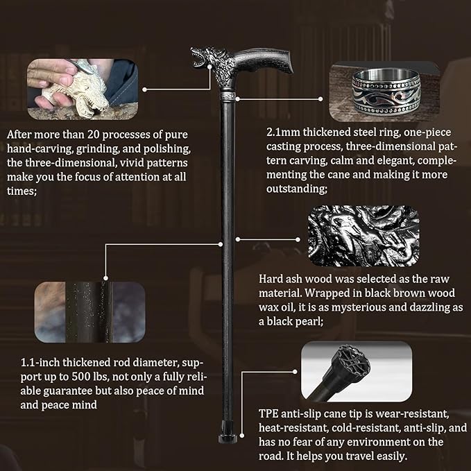 Walking Cane Dedicated Sizes with Hand-Carved Wooden Walking Cane for Men and Women Support up to 500 lbs, All-Day Comfort Ergonomic Canes for Seniors Daily Walking and Outdoor Strolls