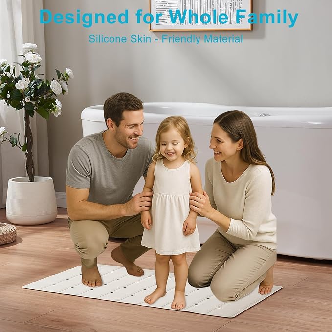 Non-Slip Bath Mat for Tub & Shower：Silicone Foldable Bathtub Mat with Strong Suction Cups, Quick Drain Holes, Machine Washable Extra Large Bathroom Mats 35.8" x 17.7", Beige