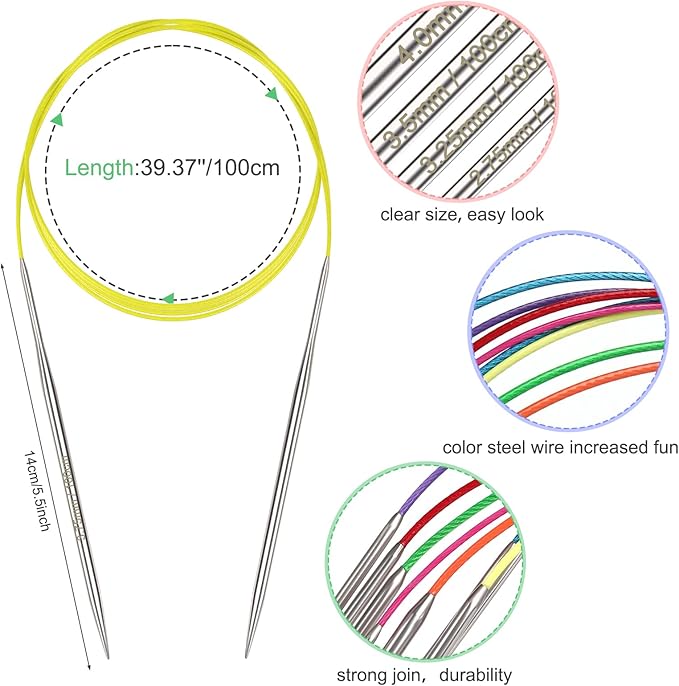 Katech 40 inch (100cm) Circular Knitting Needles Set, 2.75mm-5.00mm Stainless Steel Knitting Needles with Cables, 7 Sizes Long Round Needle for Sweaters, Hats, Socks, Scarves
