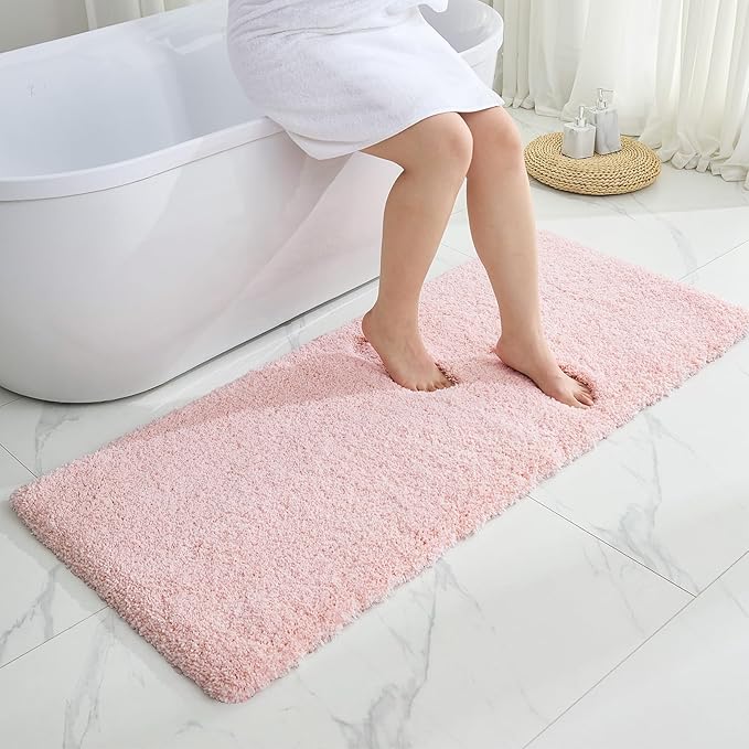 Bathroom Runner Rug 24x59 Pink Non Slip Fluffy Long Bath Mat for Bathroom Floor Washable Plush Luxury Bath Rug for Tub Absorbent Shower Sink Mat Bedside Rug