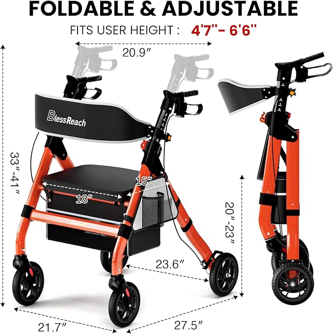 Foldable Rollator Walkers with Seat for Seniors, 450 lb Capacity, 8'' Wheels, 18" Big Seat, 6-Position Adjustable Height, Heavy-Duty Aluminum Rolling Walker (Red)