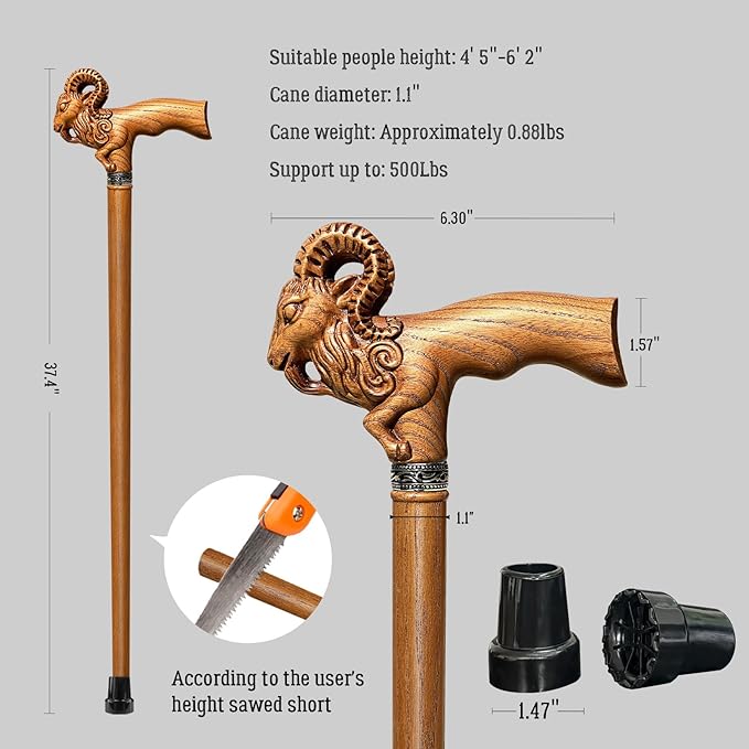 Hand Carved Wooden Cane Ultra Lightweight 0.88 lbs Support up to 500 lbs Walking Cane for Men and Women High-end Solid Wood Canes for Seniors with 3 Tips for City Trekking Daily Use