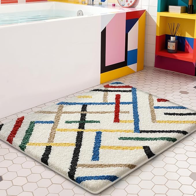 LUMI Bathroom Rugs with Colorful Line, Soft Absorbent Bath Mat for Modern Home Decor, Non-Slip Quick-Dry Bath Rug, Machine Washable Floor Mat for Shower and Tub, Entryway, 24"x36", Colored Line