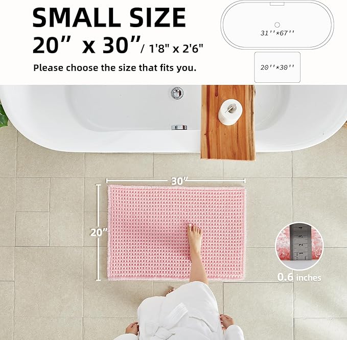 Light Peachy Pink Bathroom Rugs, Waffle Bath Mat Non Slip Washable Quick Dry Cute Bath Mat Boho Farmhouse Bathroom Decor, 30"x20" Light Peachy Pink
