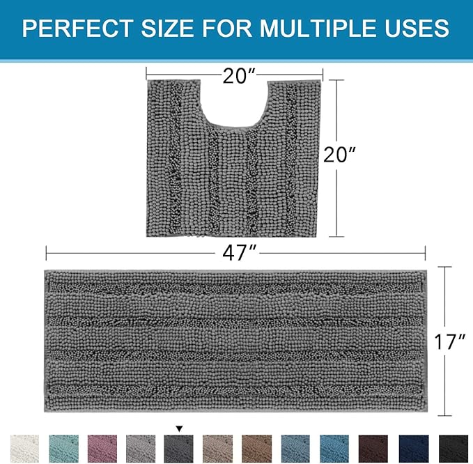 H.VERSAILTEX Bathroom Rugs Bath Rug Set 2 Piece Bathroom Contour Rug Toilet Mat Sets Non Slip Contour Bath Rug Ultra Thick Water Absorbent Striped Bath Mats Washable(47" x 17" Plus 20" x 20" U, Grey)