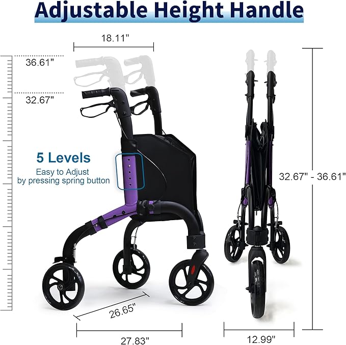 Lightweight 3 Wheel Rollator Walker for Seniors, Foldable Aluminum Mobility Aid with Storage Bag, Easy-Fold Walking Support for Elderly Balance & Rehabilitation