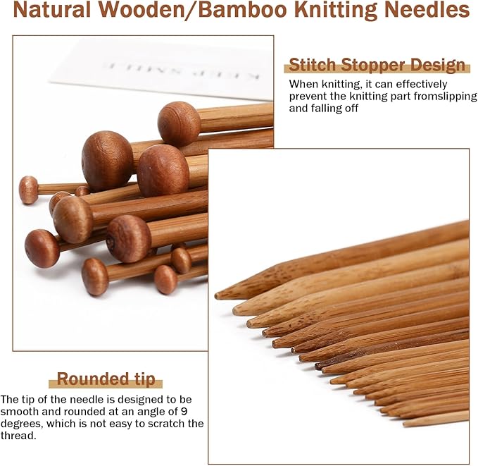 7 Pairs Bamboo Knitting Needles Set, Bamboo Natural, Long Wooden Knitting Needle, Single Point Straight Wood Needles, Wooden Knittings Needle for Beginners for Making Sweater, Shawl, Scarf