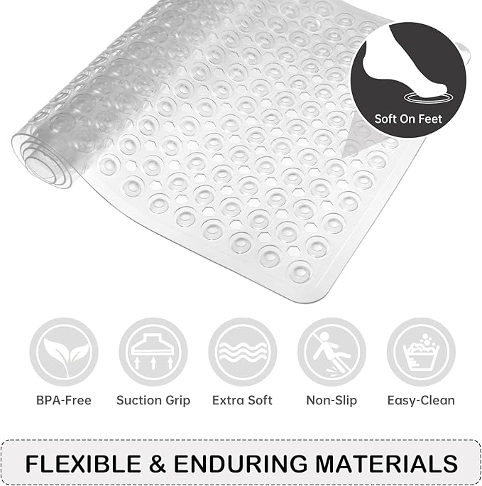 Linoows Non-Slip Bathtub and Shower Mats, Power Grip Bath Mat 35 x 16.3 Inch with Suction Cups and Drain Holes for Tub Bathroom Floor Safety, Machine Washable Soft Bathmat, Clear