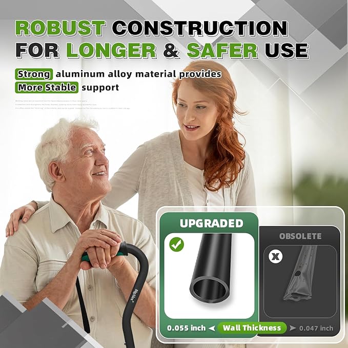 BigAlex Quad Cane, Foldable Adjustable Walking Cane for Men & Women with Stable 4-Pronged Base for Extra Stability & Balance, Heavy Duty, Lightweight, Soft Offset Handle Stick for Seniors & Elderly